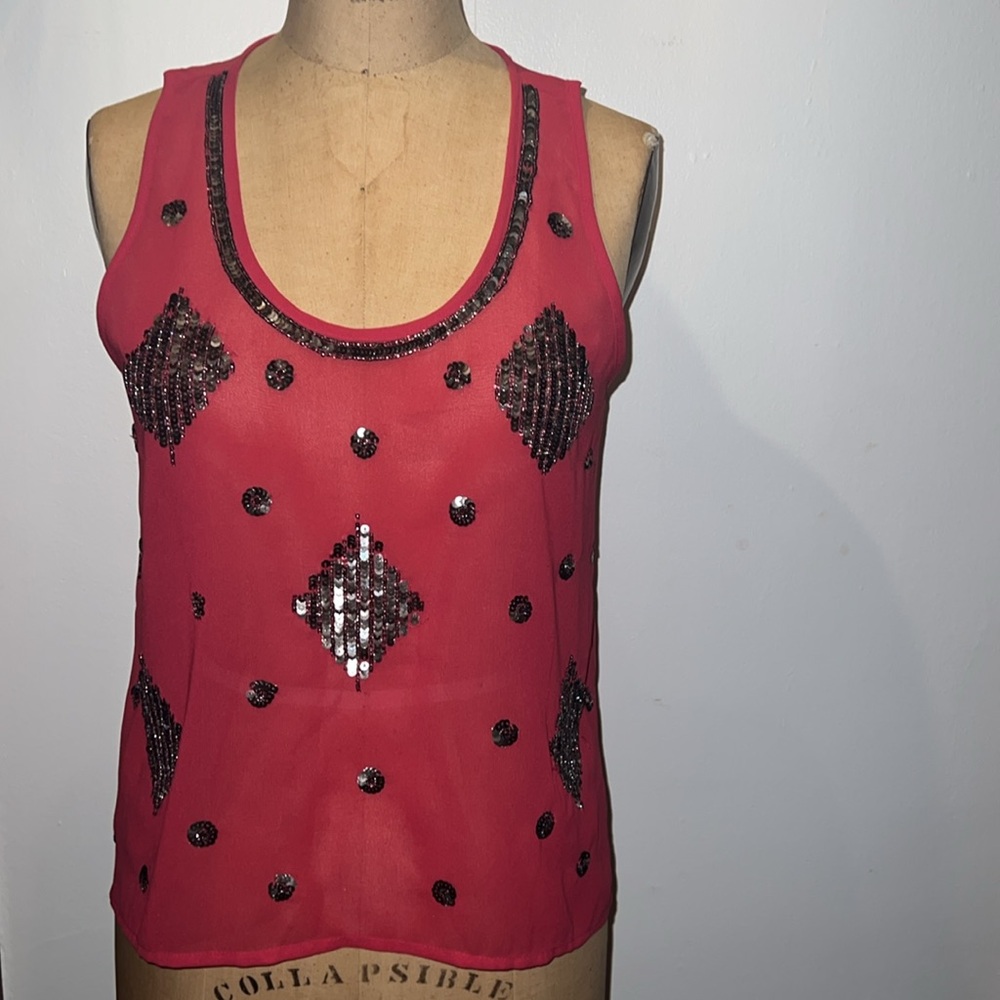 Dizzy Love Pink Magenta Sheer Sequin Tank Top L y2k 2000s going out top NWT